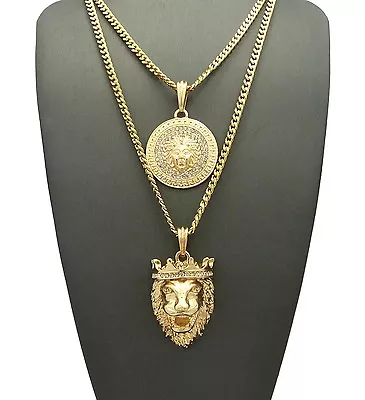 New King Lion & Medusa Pendant &24 &30  C-cuban Chain Necklace Set - Rc1444 • $18.80