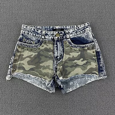 $11.39 • Buy Forever 21 Jean Shorts Womens Small Frayed Camo Acid Wash Studded Denim Mid Rise