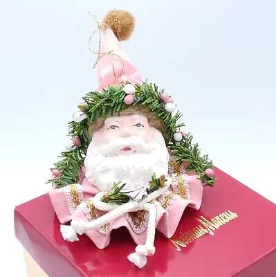 VTG Neiman Marcus Pink Fabric Mache Victorian Santa Head Ornament In Box • $17.21