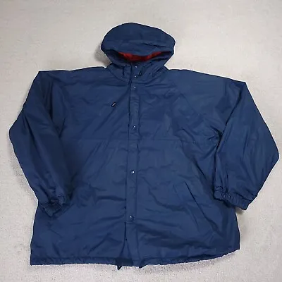 Vintage 90s Fleece Lined Raincoat Hooded Mens Medium Blue Red PVC Sports Club AU • $67.89