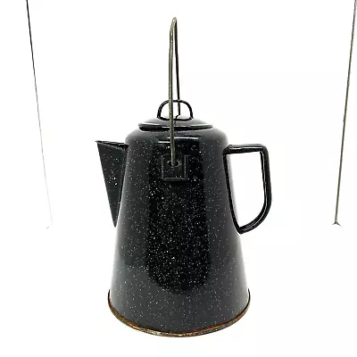 Vintage Enamelware Coffee Pot Black W/White Speckle Wire Handle 9  High 8 Cups • $18.49