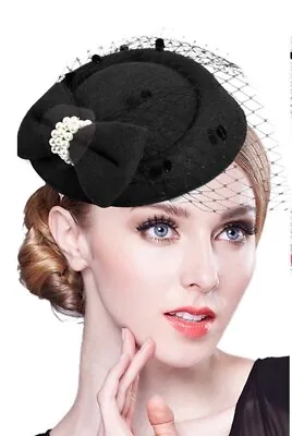 Black Mini Hat Mesh Fascinator Veil Pearls Clip/Band Wedding Tea Gothic Party • $14.95