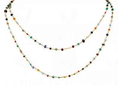 Multi Color Gemstone Faceted Bead Necklace In.925 Sterling Silver CS-1114 • $15