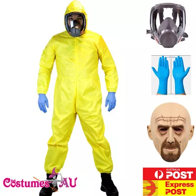 Mens Breaking Bad Costume Hazmat Suit Adult Hazard Chemical Yellow Jumpsuit Mask • $79.99