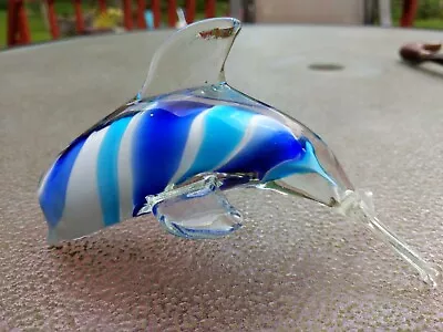 Vintage 3x6  Murano DOLPHIN GLASS Blue / White Leaping Figure Statue Animal Art • $20.99