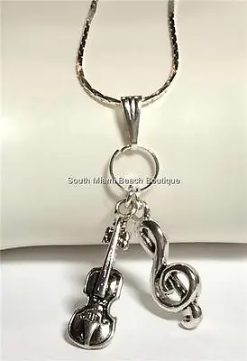 Violin Clef Note Necklace Fiddle Music Musician Teacher 18  Silver Plated USA • $7.99