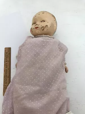 Antique Baby Doll Metal Head  Sleepy Eyes Cry Box In Back 12”  • $16