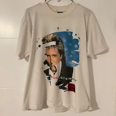 $32 • Buy Vintage Rod Stewart T-Shirt Size XL White Vagabond Heart 90s Concert Tour Music