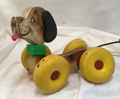 Fisher Price WOBBLES Dog # 130 Wooden Pull Toy Wheels Puppy 14  Vintage 1964 • $10.49