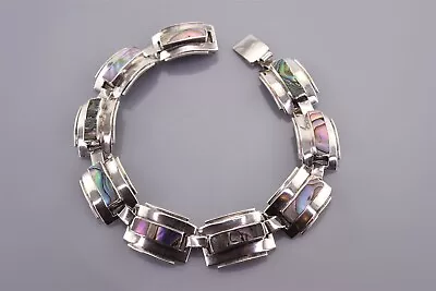 Taxco Sterling Silver 10mm Curved Abalone Panel Linked 925 Bracelet Mex 6  • $44.50