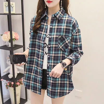 Ladies Long Sleeve Check Plaid Shirt Button Casual Loose Blouse Boyfriend Tops • £12.29