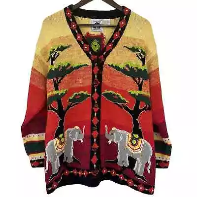 Storybook Knits Plus Size Cardigan Sweater 1X VTG African Tribal Elephant Beaded • $59.95