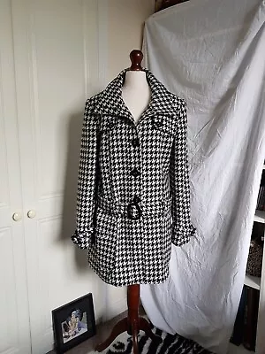 David Barry Houndstooth Coat Dogtooth Black White 60s Mod Style Wool Blend Sz 10 • £9.99