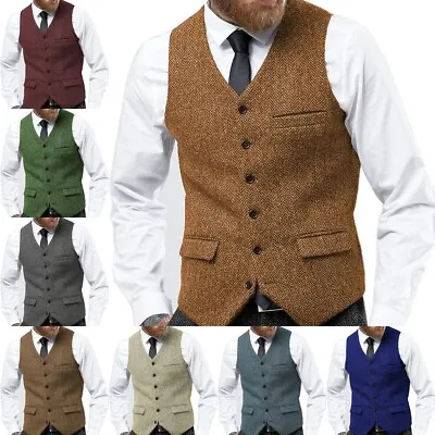 Mens Tweed Vest Waistcoat Vintage Grooms Wedding Herringbone Suit M Large XL XXL • $32.98