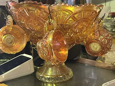 Vintage Marigold Carnival Glass Punch Bowl With 6 Cups And Stand  • $295