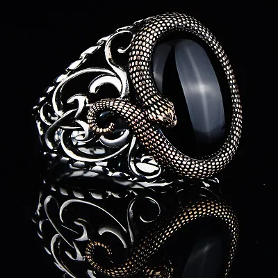 Silver Onyx Ring  Silver Snake Model Ring  Silver Serpent Ring  Men Gothic Ring • $85