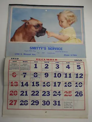 Vintage Antique 1959 Smitty's Fuel Oil Wall Calendar Girl Child ?Boxer? Dog 50s • $16.99