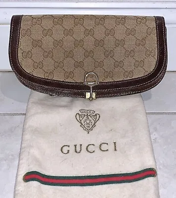 Vintage Gucci Clutch Handbag Horsebit Buckle Canvas Leather Brown • $149.99