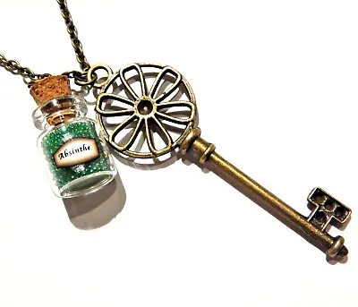 $9.99 • Buy Absinthe & Skeleton Key Pendant Necklace 1920s Prohibition Wormwood Anise Jar E3