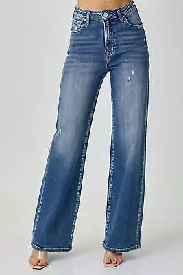 RISEN Distressed High Waisted Blue Denim Wide Leg Jeans • $58