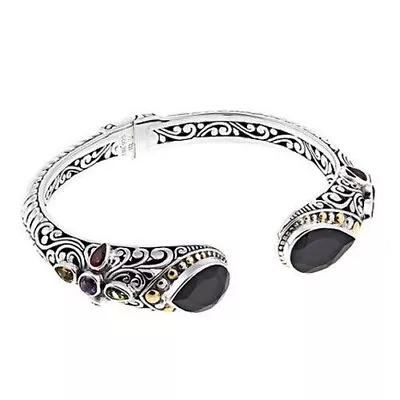 HSN Bali Designs Sterling & 18K Gold Black Spinel & Multi Gem Cuff Bracelet P/S • $399.99