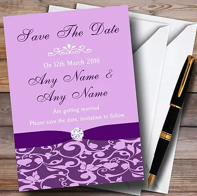 Cadbury Purple Floral Diamante Personalised Wedding Save The Date Cards • £7.99