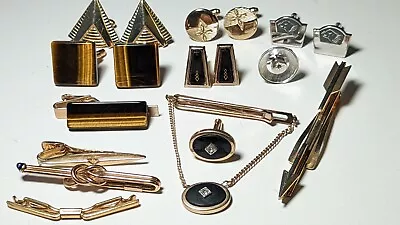 Cufflink Tie Pin Tack Bar Clip Lot Vintage 18 Pieces Swanky Tigers Eye Eagle • $29.98