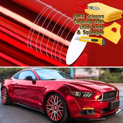 180 X60  Red Chrome Mirror Vinyl Film Wrap Sticker Decal Stretchable 15ft X 5ft • $89.89