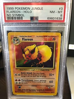$115 • Buy 1999 Pokemon Flareon Holo 3/64 No Symbol Jungle Set PSA 8