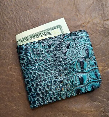 Turquoise Alligator Print Men's Bifold Card Wallet Leather EDC USA Handmade  • $24.99