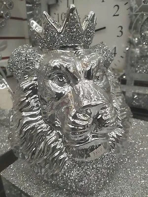 £24.99 • Buy Silver Chrome Crushed Diamond Lion King Face Crystal Ornament Statue Shelf Décor