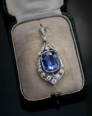 Art Deco Vintage 12.4Ct Blue Sapphire & Lab Created Diamond 925 Silver Pendant • $72.10