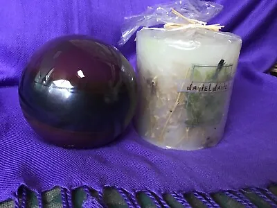 Hand Made White Garden With Dried Flowers Pillar Candle & Plum China Sphere Ball • £10