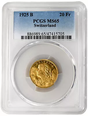 1925 B 20 Francs PCGS MS65 Switzerland • $975