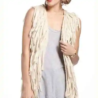 Anthropologie Mcginn Lupita Fringed Vest Jacket Size Medium M Cream 100% Acrylic • $55