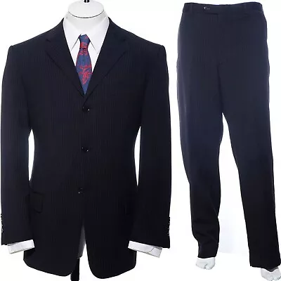 38R Black PINSTRIPED Wool Two-Piece SUIT Three-Button 35 X 30 Trousers Blazer • $54