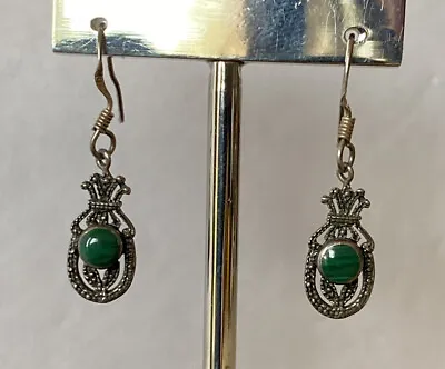 Vintage Earrings 925 STERLING SILVER Pierced Dangle Malachite Victorian Style • $25.95