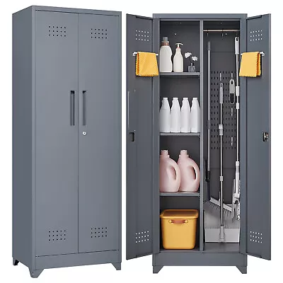 Metal Broom Storage Cabinet Broom Closet Cabinet With Pegboard And Hanging Rod • $159.99