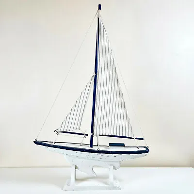 £20.99 • Buy White Sailing Yacht Collectable Model 66cm Nautical Wood Boat Fabric Sail Large 