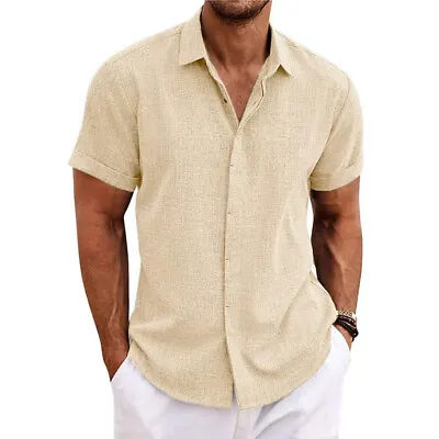 Men Linen Style Short Sleeve Shirts Beach Casual Button Down Formal Dress Shirt  • $16.91