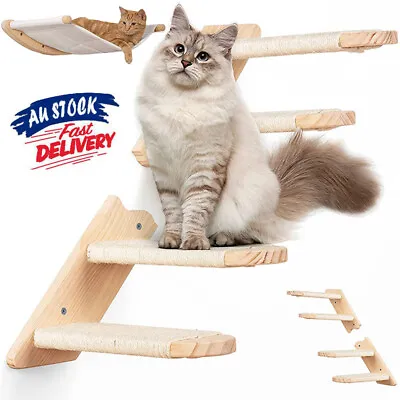 Cat Climbing Shelf Wall Mounted Wood Pet Stair Cat Perch Hammock Scratching Post • $21.59