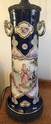 Antique Porcelain Vase Cobalt Hand Painted Beaded Moriage Floral Table Lamp 22” • $99