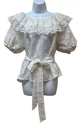 Vintage Square Dance Costume Sheer White Lace Top & Belt Rockabilly M/L • $44.99