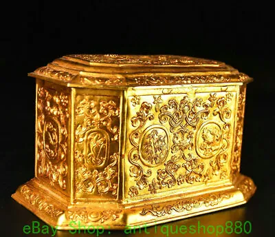 5.9'' Qing Dynasty Bronze Gold Bat  8 Auspicious Symbol Container Jewelry Box3 • $527.12