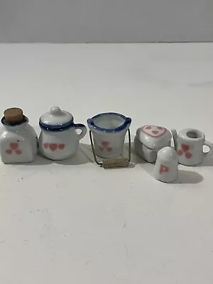 Vintage Lot Of Miniature Doll House Ceramic Kitchen Set White With Pink Hearts • $18.50