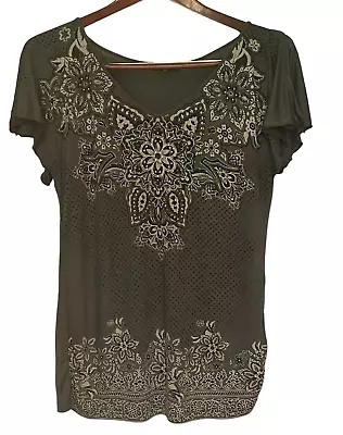 Vanilla Sugar ~ Women's Embellished Olive Green Short Sleeve Top Size Large • $22.99