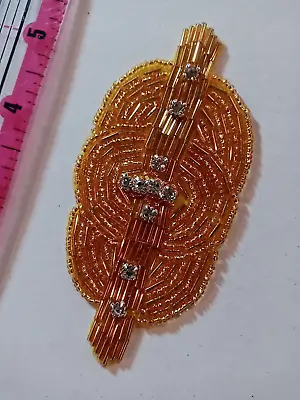 Beaded Applique Art Deco Style Gold Beads With Rhinestone Embroidered 4.5 L 3 Pc • $8.99