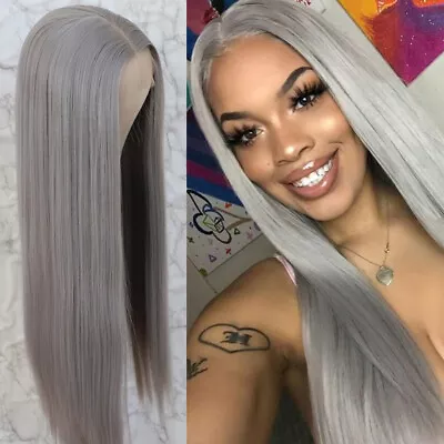 Long Straight Synthetic Lace Front Wigs Heat Resistant Gray Wig Natural Hair US • $24.90