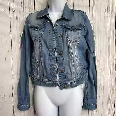 I Love H81 Women Denim Jacket Size M Blue Long Sleeve Button Up Pockets • $9.69
