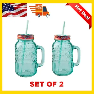 2 Cassie 32 Oz Teal Glass Mason Jar Drinking Glass Lid/Straw USA • $16.99